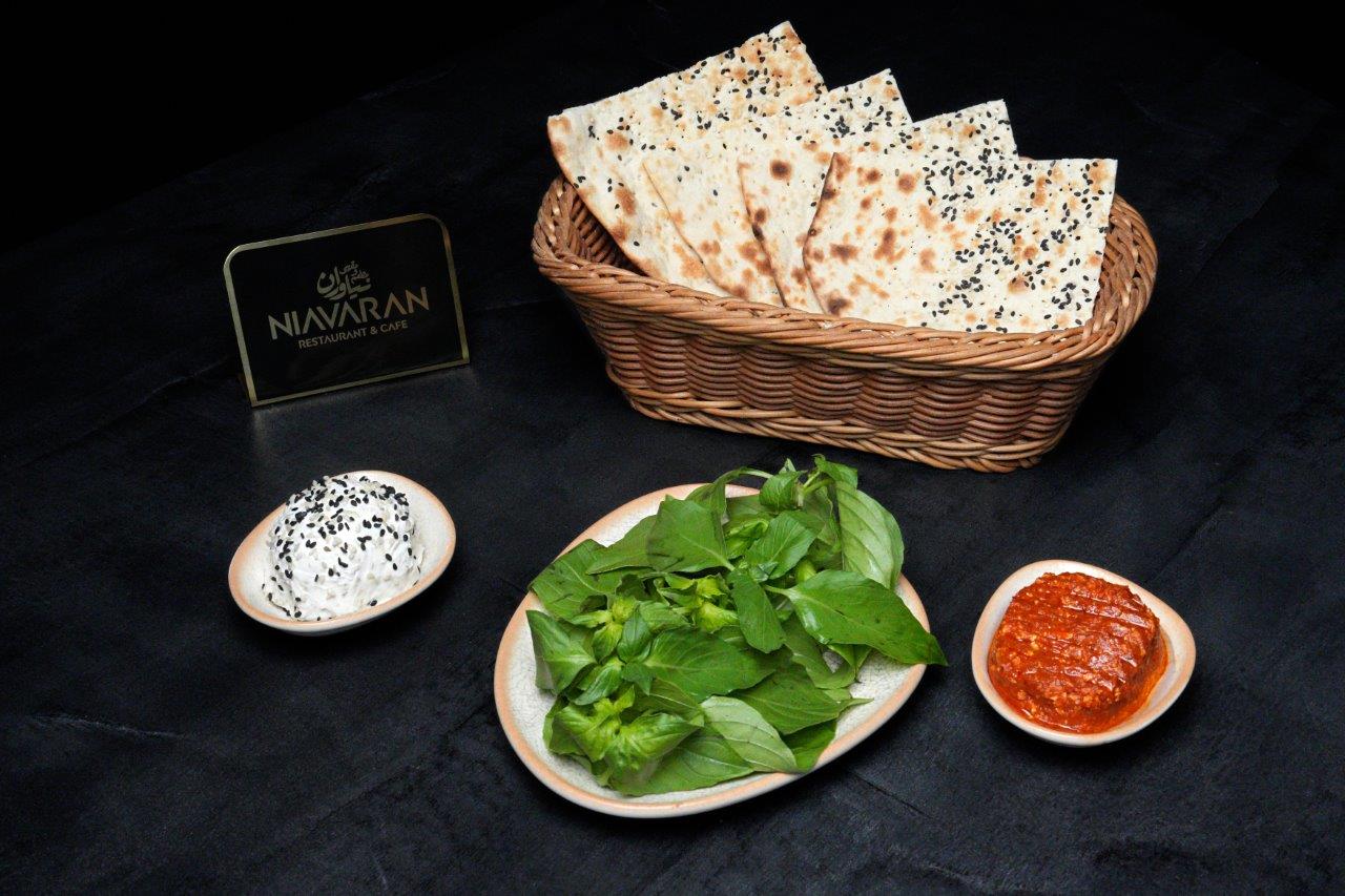 BREAD, VEGETABLES, SPECIAL CHEESE AND MIRZA GHASEMI (خبز، خضار، جبنة خاصة و ميرزا غاسمي) (نان سبزی پنیر مخصوص نیاوران و میرزا قاسمی)
